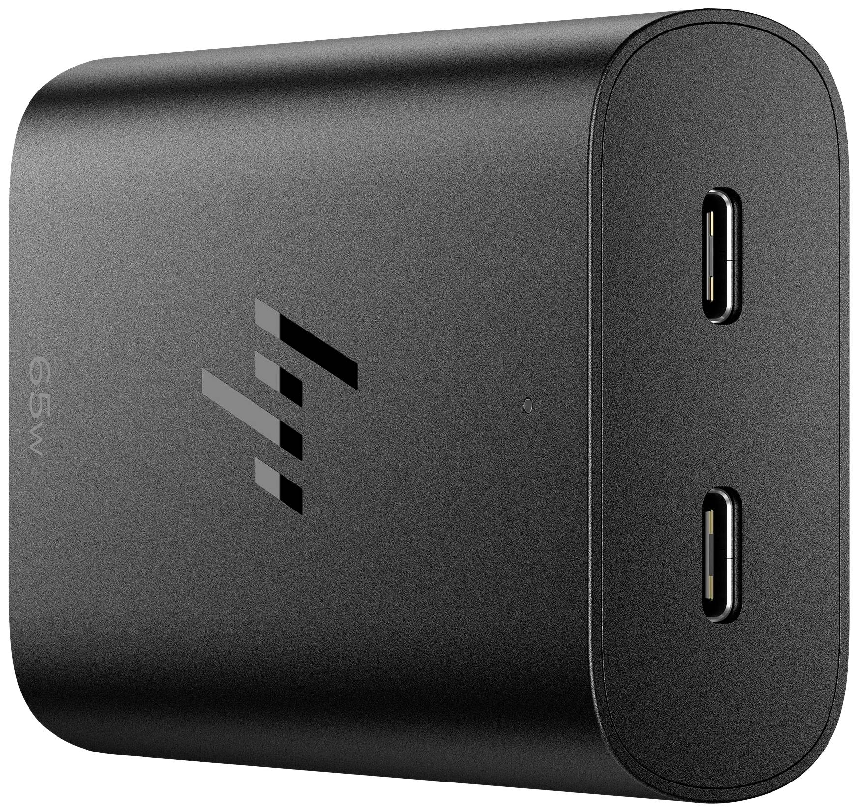 Ein schwarzes USB-C-Ladegerät mit zwei Anschlüssen und einem Logo auf der Seite. Geeignet für schnelles Laden von Geräten.