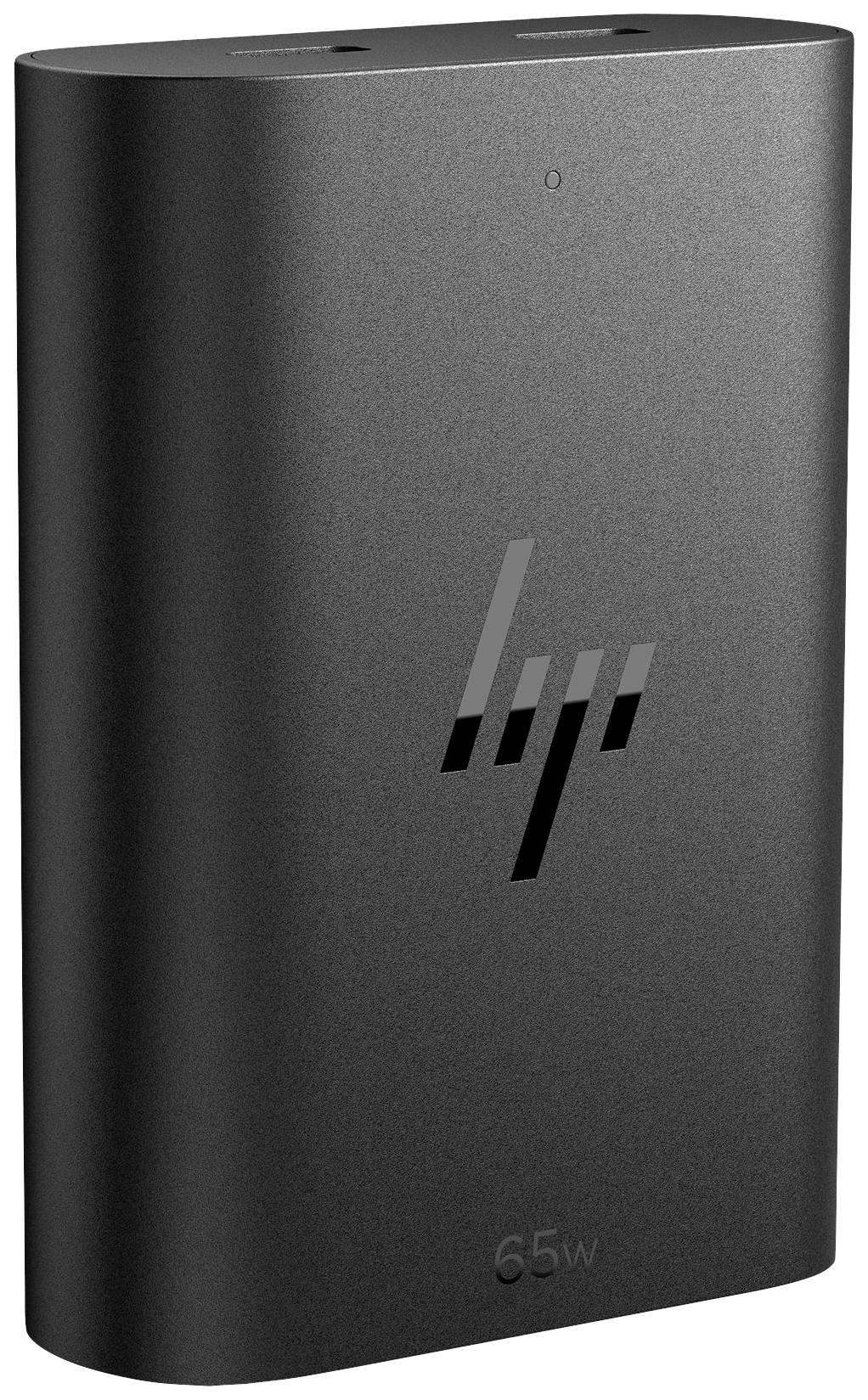 Eine schwarze Powerbank mit dem Logo 'HP' und der Aufschrift '65W'. Sie hat zwei Ladeanschlüsse oben.