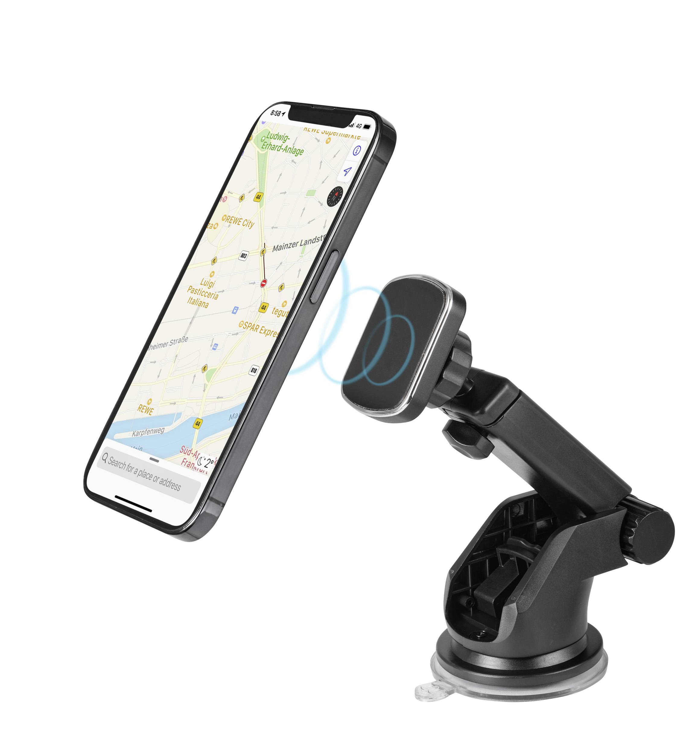 Smartphone in Halterung zeigt eine Kartenanwendung mit Stadtübersicht und Straßen.