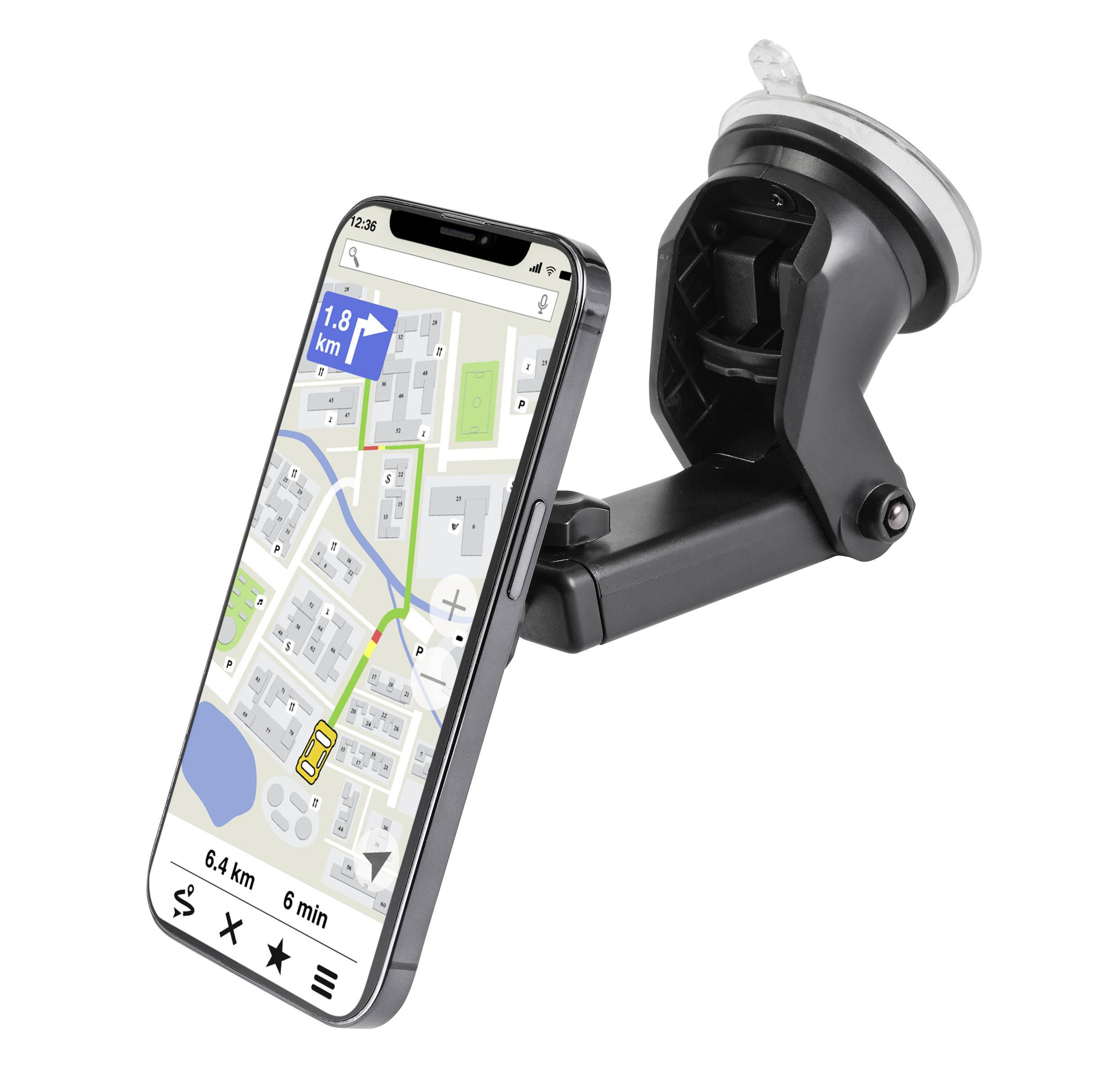 Ein Smartphone zeigt eine Navigationskarte mit Route, Entfernung von 1,8 km und geschätzter Ankunftszeit. Es ist an einer Autohalterung befestigt.