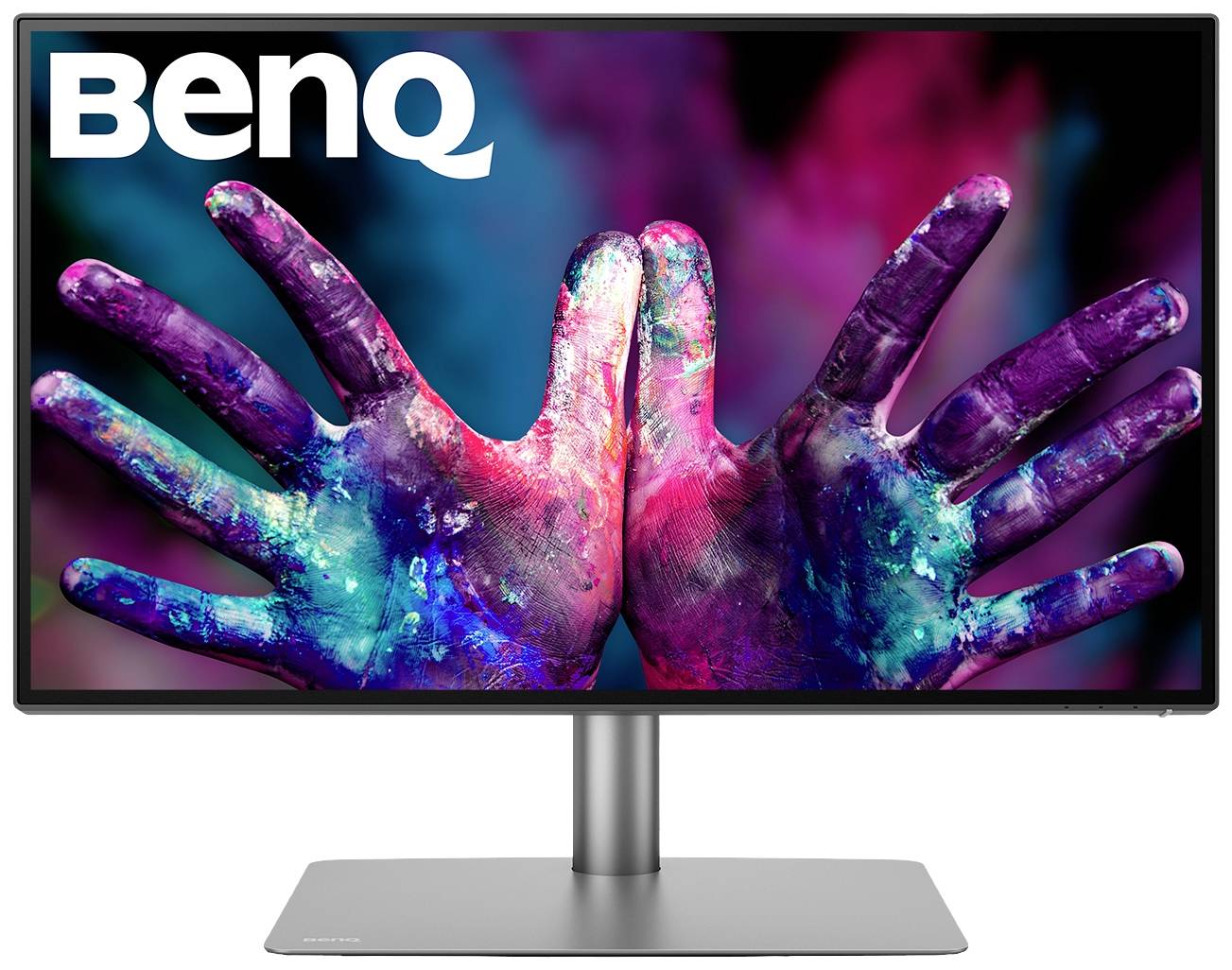 Ein Computerbildschirm mit einem Bild von bunt bemalten Händen. Markenname 'BenQ' oben links.