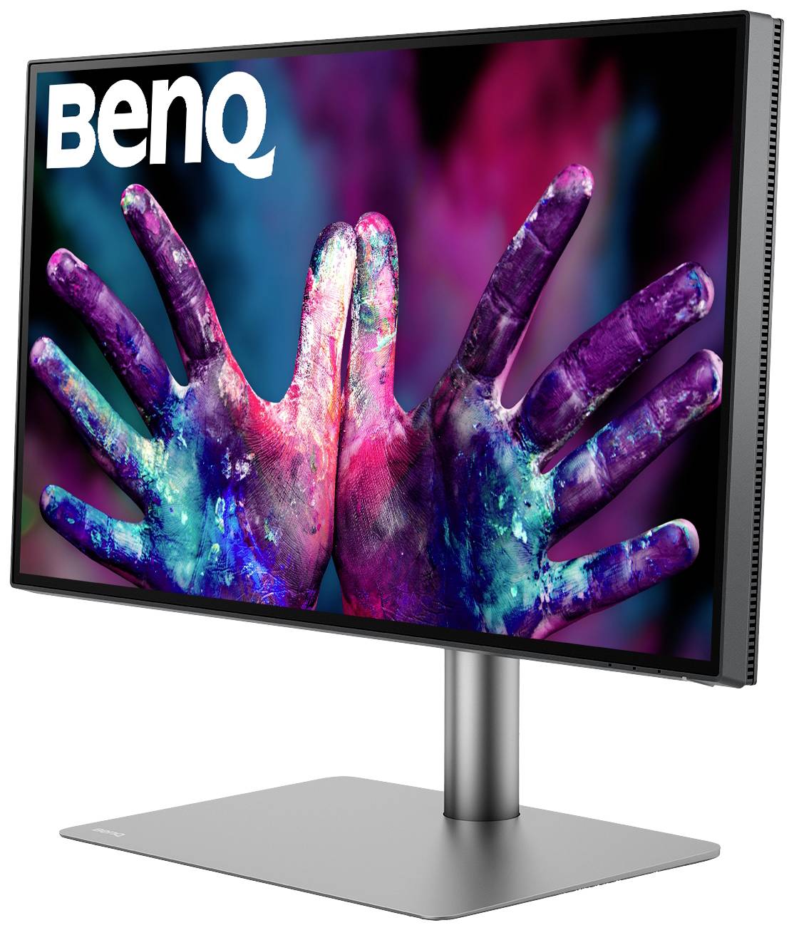 Monitor von BenQ mit einem Bild von bunt bemalten Händen auf dem Bildschirm angezeigt.