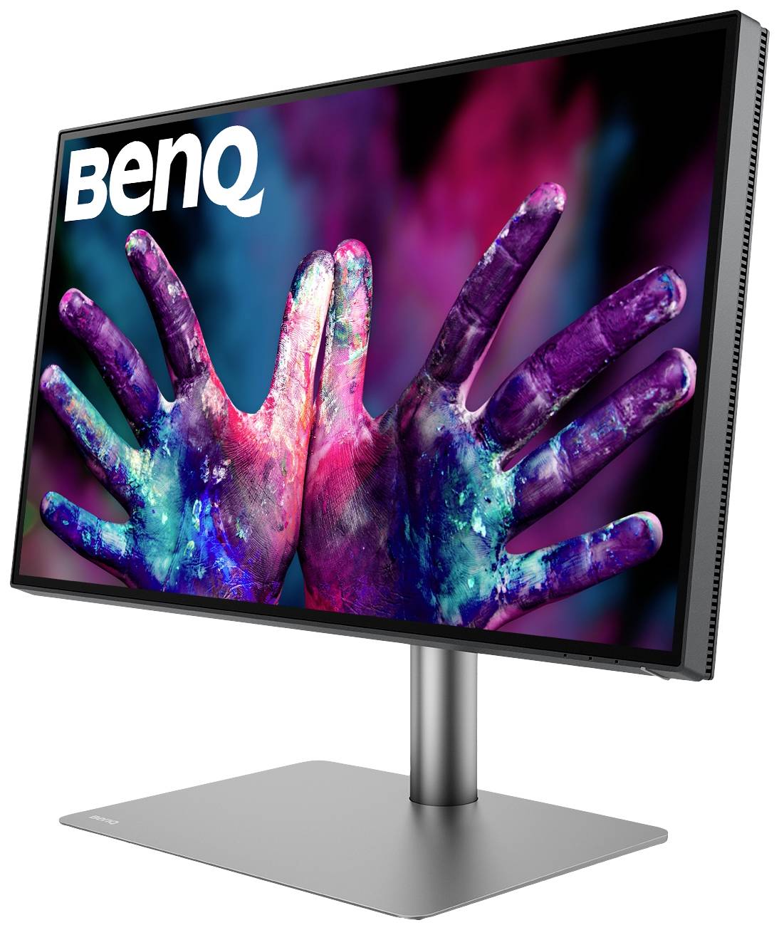 Ein Monitor zeigt zwei bemalte Hände in lebhaften Farben, die auf den Betrachter gerichtet sind. Oben links steht der Text 'BenQ'.