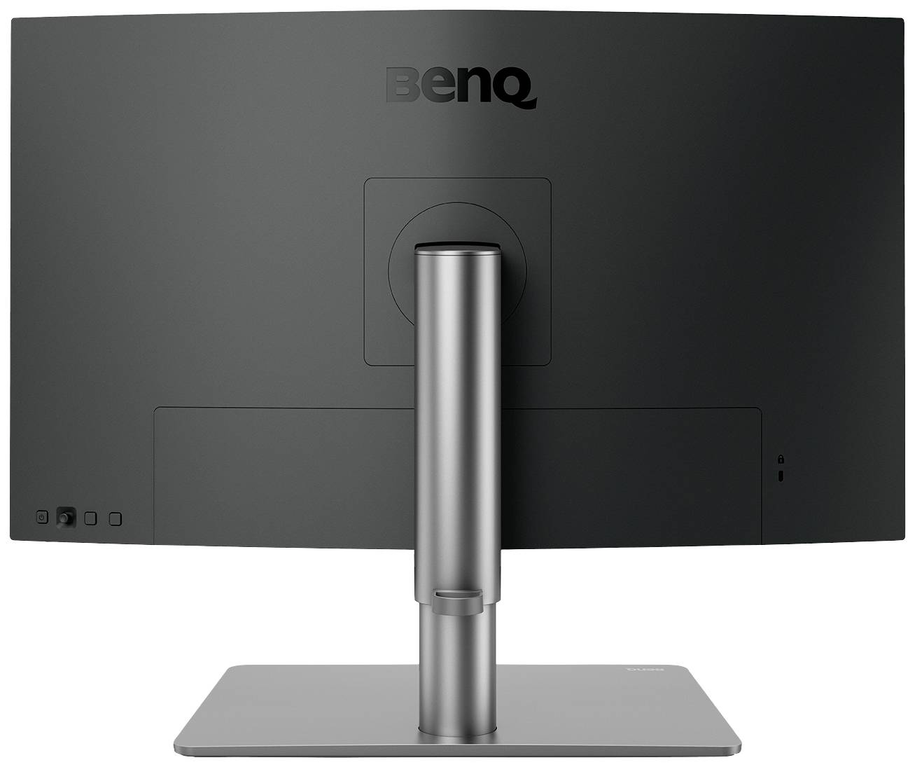 Rückansicht eines BenQ-Monitors mit gebogenem Bildschirm und silbernem Standfuß, geeignet für professionelle Arbeitsumgebungen.
