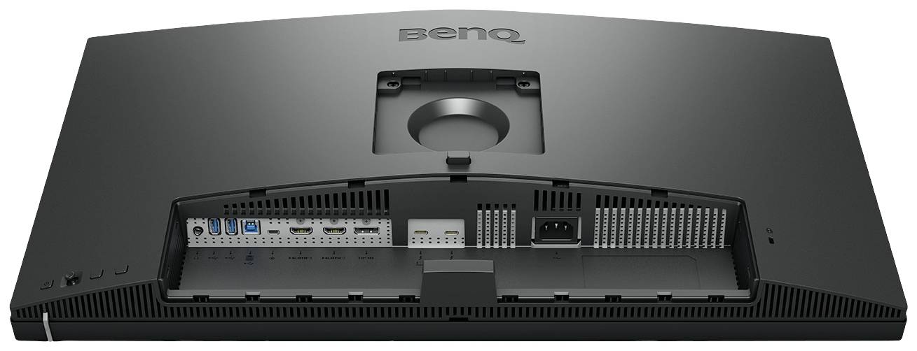 Rückseite eines BenQ-Monitors mit sichtbaren Anschlüssen, einschließlich HDMI, USB und Netzanschluss; geeignet für Multifunktionsnutzung.