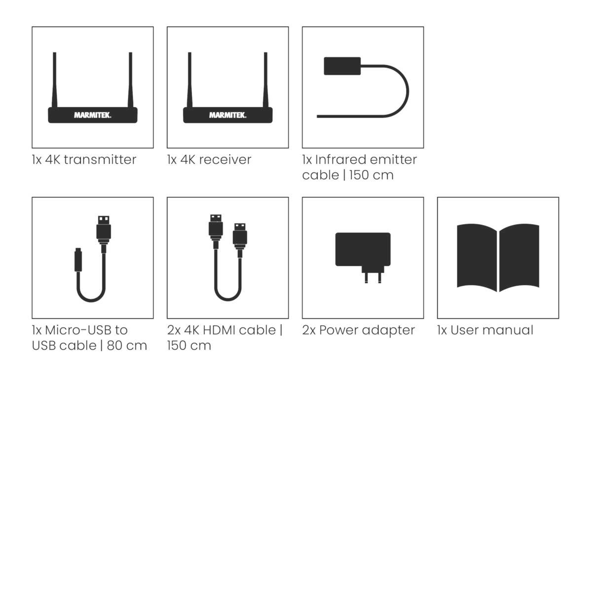 Inhalt der Verpackung: 1x 4K Sender, 1x 4K Empfänger, 1x Infrarot-Emitter, 1x Micro-USB zu USB-Kabel (80 cm), 2x HDMI-Kabel (150 cm), 2x Netzadapter, 1x Benutzerhandbuch.