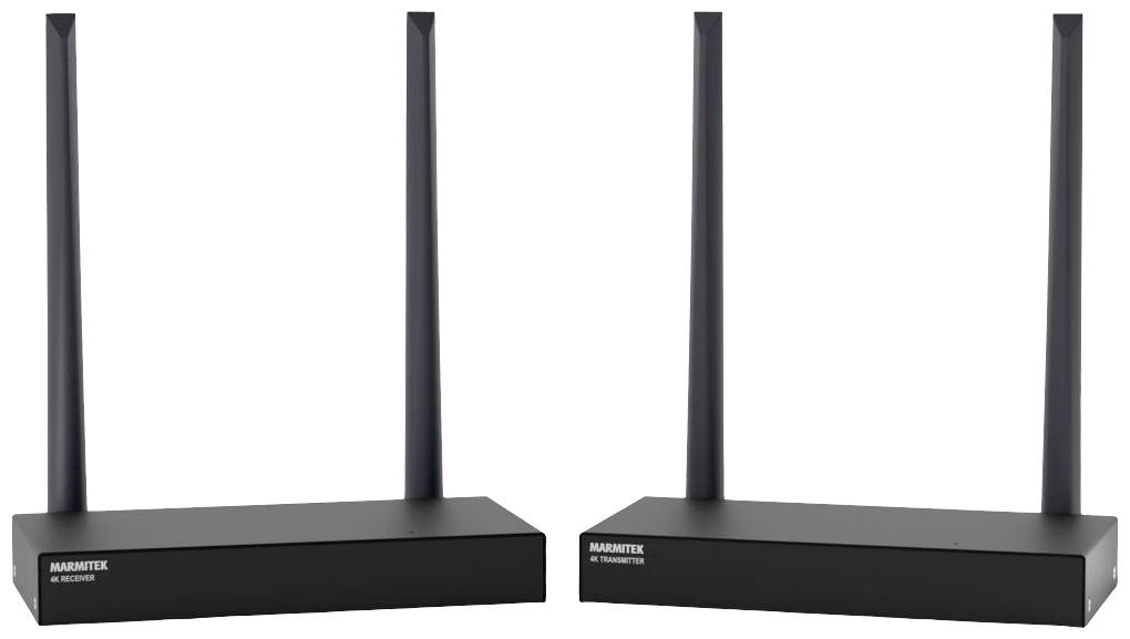 Zwei schwarze, rechteckige Netzwerkgeräte mit jeweils zwei vertikalen Antennen, beschriftet mit 'Naztech'.
