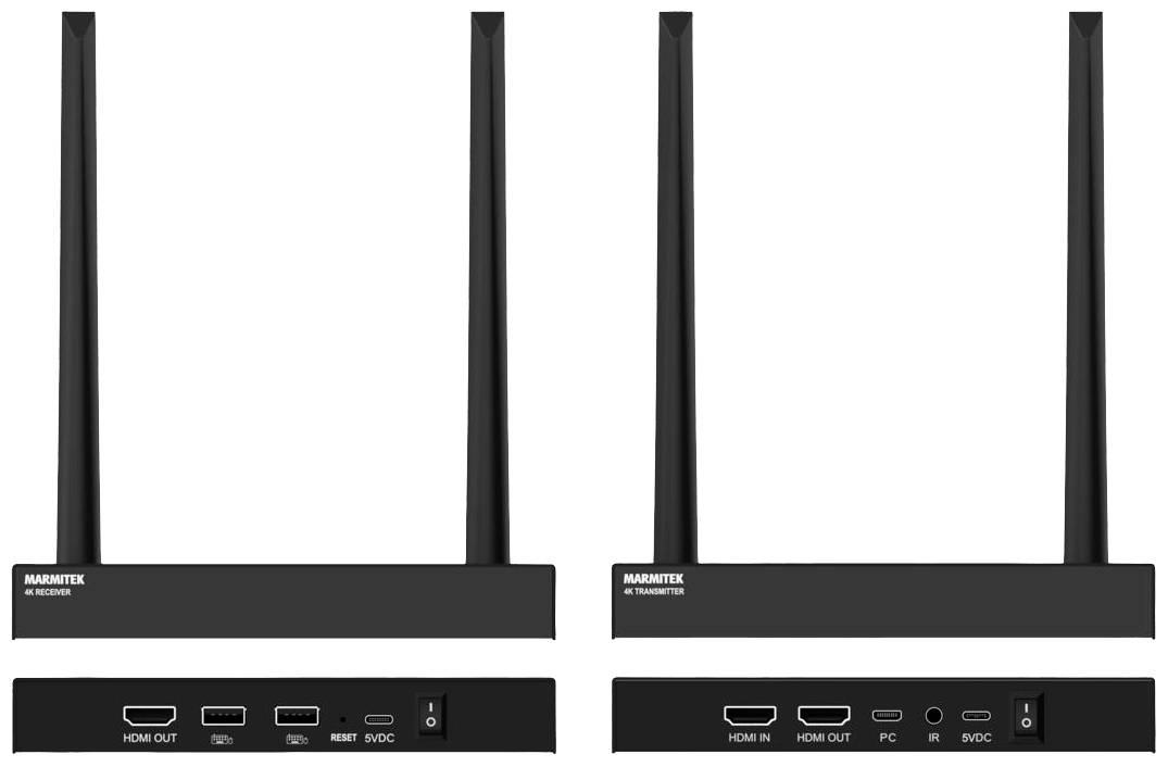Zwei kabellose TV-Sender- und Empfängergeräte mit jeweils zwei Antennen, HDMI-Anschlüssen und Netzteilbuchsen, nebeneinander.