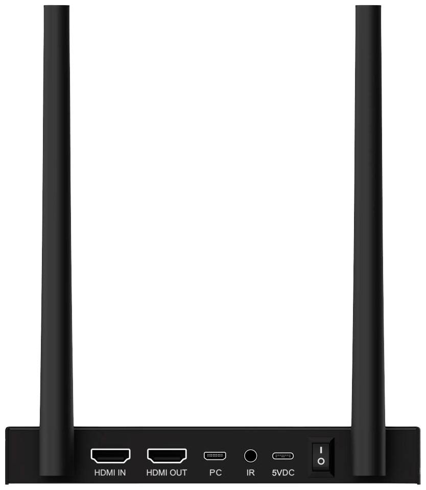 Ein schwarzer Netzwerkrouter mit zwei Antennen. Auf der Rückseite befinden sich Anschlüsse für HDMI IN, HDMI OUT, PC, IR und Stromversorgung.