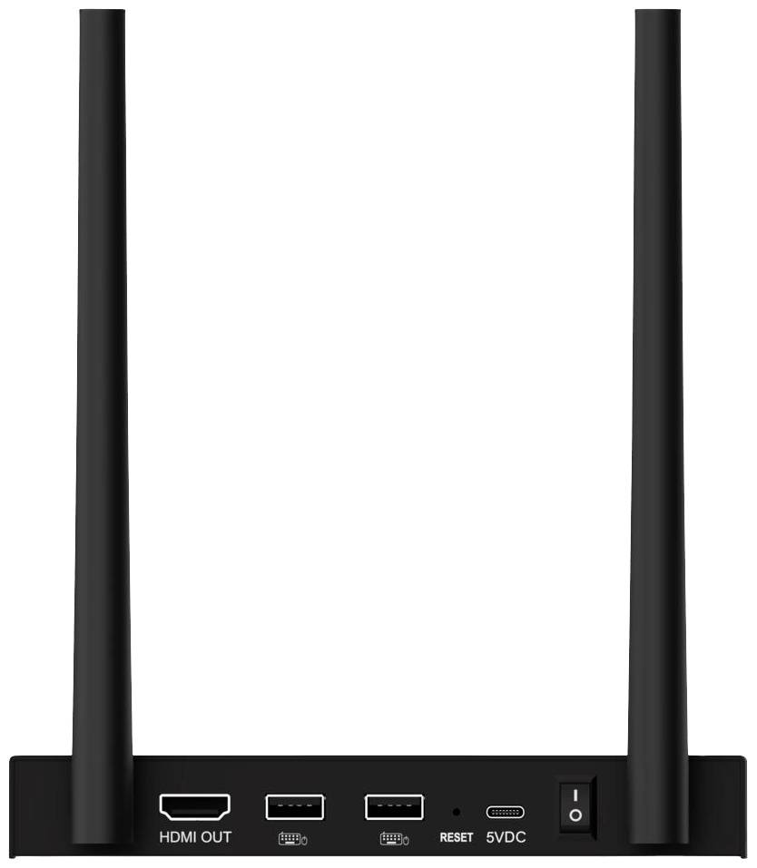 Rückansicht eines schwarzen Netzwerkrouters mit zwei Antennen und Anschlüssen wie HDMI OUT, zwei USB-Ports, Reset-Knopf und 5VDC.