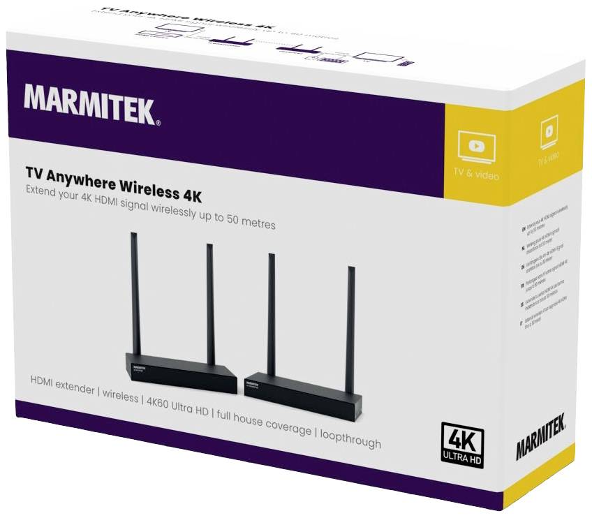 Verpackung eines Marmitek TV Anywhere Wireless 4K HDMI-Extenders, der drahtlose Signalübertragung von bis zu 50 Metern unterstützt.
