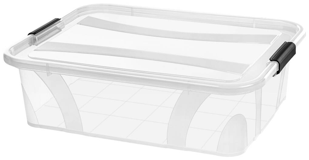 Transparente Kunststoffbox mit Deckel und schwarzen Griffen, ideal zur Lagerung von Gegenständen.