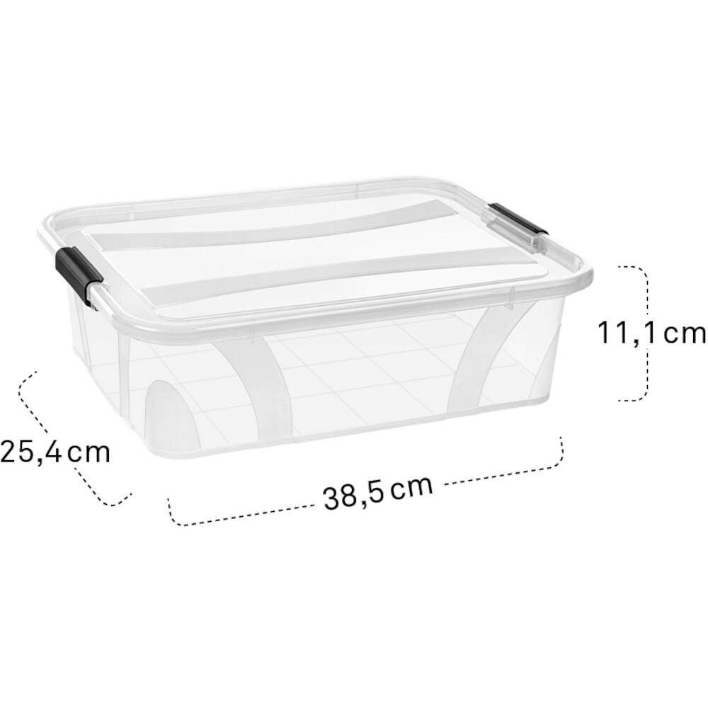 Transparente Kunststoffbox mit Deckel. Maße: 38,5 cm Länge, 25,4 cm Breite, 11,1 cm Höhe. Box hat schwarze Griffe. Ideal für Aufbewahrung.