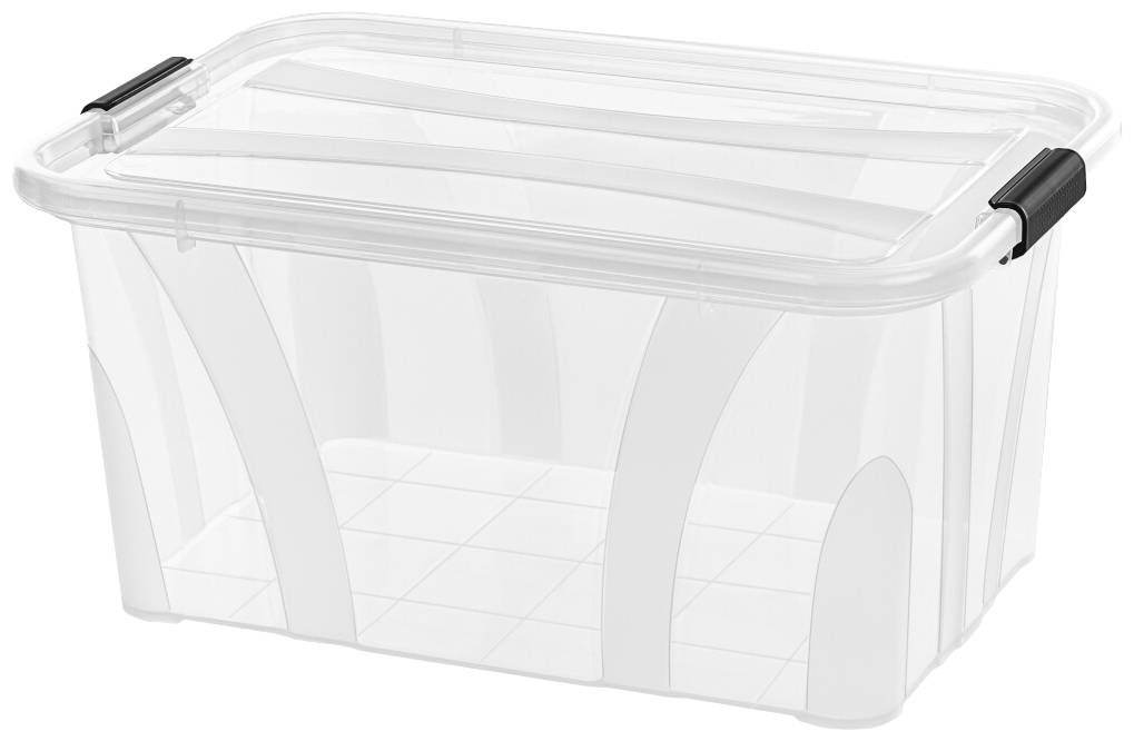 Transparente Aufbewahrungsbox mit Deckel und schwarzen Griffen an den Seiten, geeignet zur Lagerung von Haushaltsgegenständen.