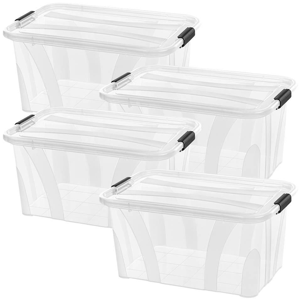 Vier durchsichtige, stapelbare Aufbewahrungsboxen mit Deckeln und schwarzen Griffen. Ideal zur organisierten Aufbewahrung von Gegenständen.