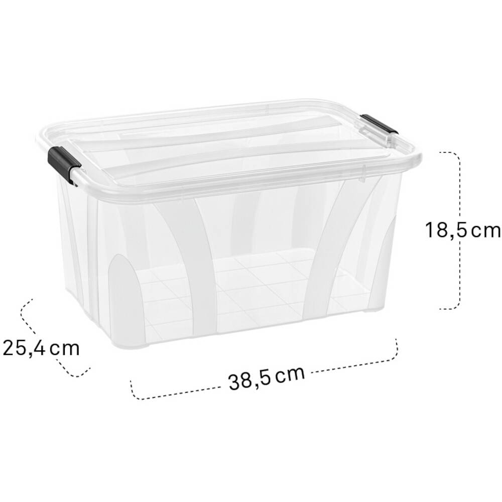 Transparente Aufbewahrungsbox mit Deckel, 38,5 cm lang, 25,4 cm breit, 18,5 cm hoch. Ideal zur Organisation und Lagerung.