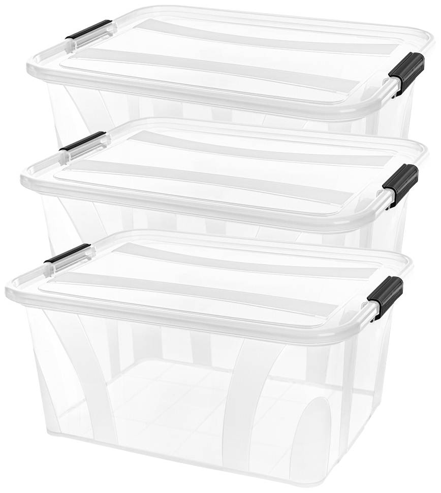 Drei transparente Kunststoff-Aufbewahrungsboxen mit schwarzen Griffen, gestapelt übereinander. Ideal für ordentliche Organisation.