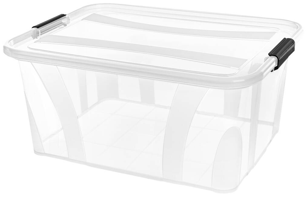 Eine transparente Kunststoffbox mit Deckel und schwarzen Griffen. Ideal zur Aufbewahrung von Haushaltsgegenständen.