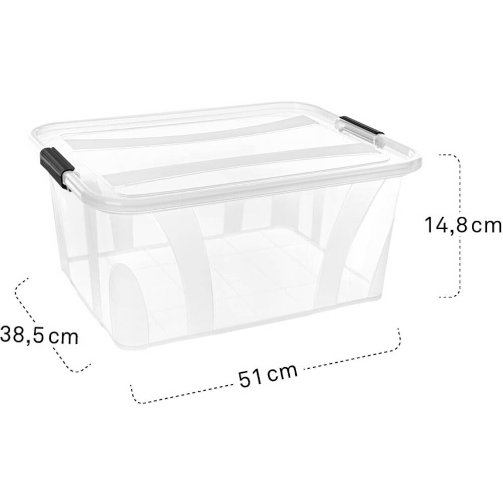 Durchsichtige Kunststoff-Aufbewahrungsbox mit Deckel, Maßen: 51 cm (L) x 38,5 cm (B) x 14,8 cm (H). Schwarze Griffe an den Seiten.