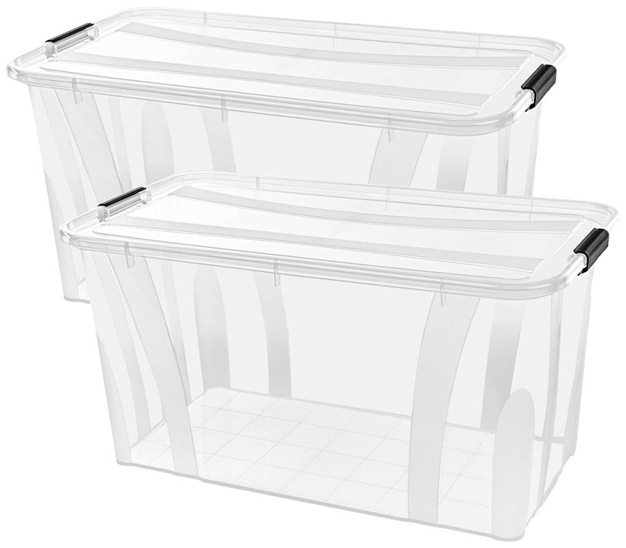 Zwei transparente Aufbewahrungsboxen mit schwarzen Griffen, übereinander gestapelt. Ideal zur Aufbewahrung von Gegenständen im Haushalt.