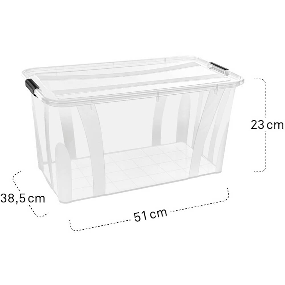 Transparente Kunststoffbox mit Maßen: Länge 51 cm, Breite 38,5 cm, Höhe 23 cm. Ideal zur Aufbewahrung von Gegenständen.