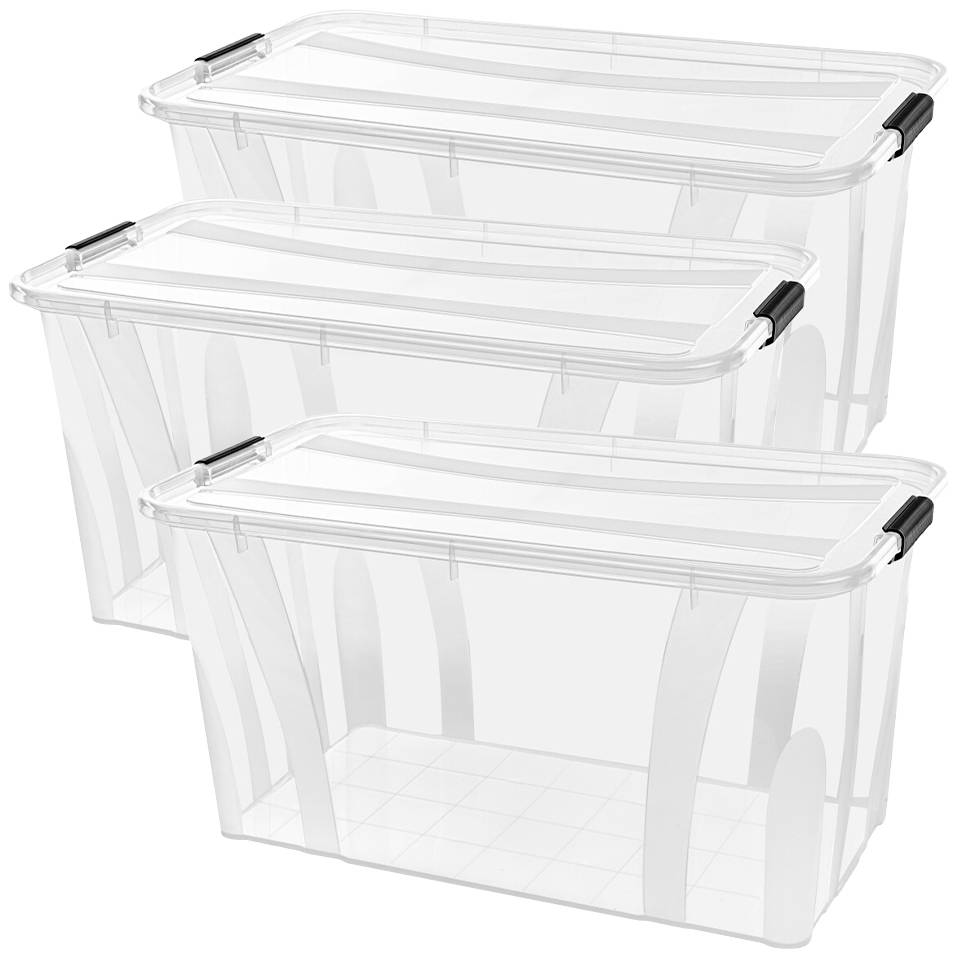 Drei transparente Plastik-Aufbewahrungsboxen mit schwarzen Griffen, gestapelt in absteigender Größe. Ideal zur Aufbewahrung.