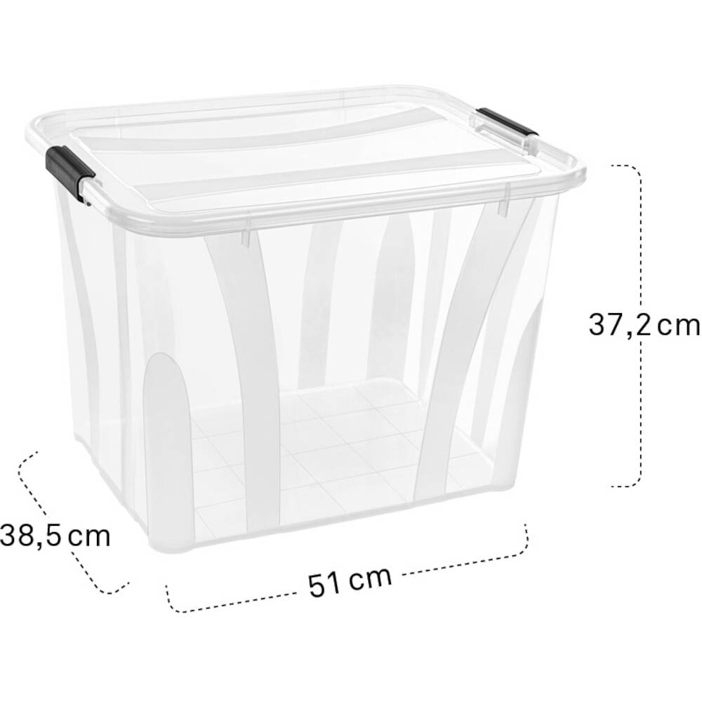 Durchsichtige Aufbewahrungsbox mit Deckel, rechteckig. Maße: 51 cm Länge, 38,5 cm Breite, 37,2 cm Höhe. Geeignet für Lagerung.