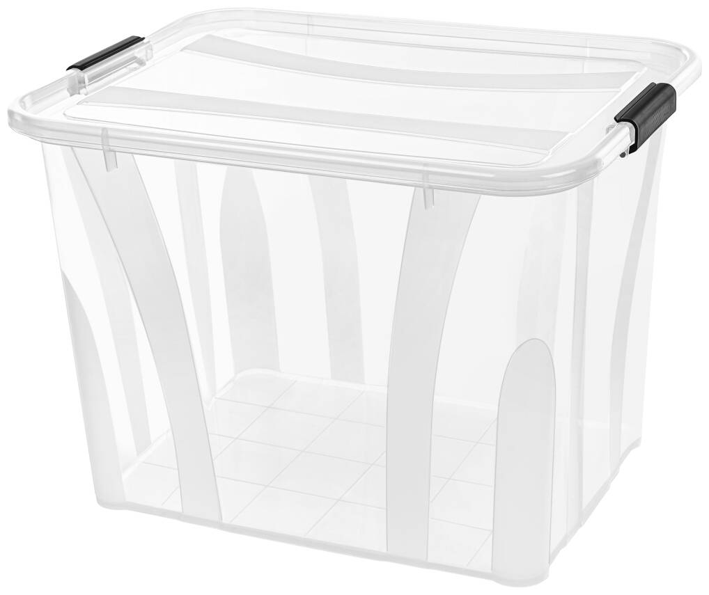 Durchsichtige Plastikbox mit Deckel und schwarzen Griffen, geeignet zur Aufbewahrung oder Organisation von Gegenständen.