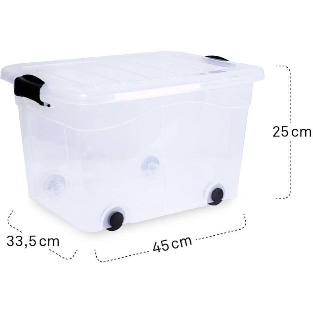 Durchsichtige Aufbewahrungsbox mit schwarzen Griffen und vier Rädern, Abmessungen: 45 cm Länge, 33,5 cm Breite, 25 cm Höhe.