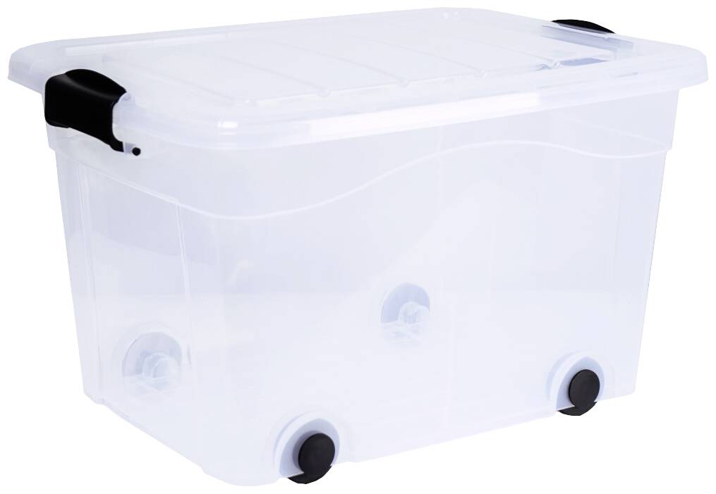 Eine transparente Aufbewahrungsbox mit schwarzen Griffen und Rädern. Ideal zum einfachen Transport und zur Sichtbarkeit des Inhalts.