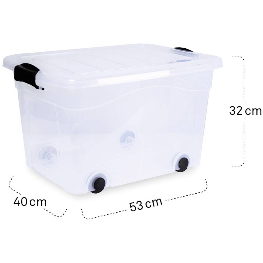 Durchsichtige Aufbewahrungsbox mit Deckel und zwei schwarzen Griffen, auf Rädern stehend. Maße: 53 cm (L), 40 cm (B), 32 cm (H).
