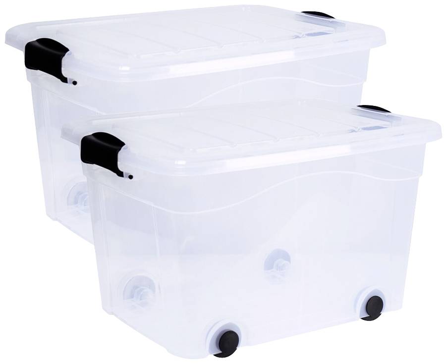 Zwei durchsichtige Plastikboxen mit schwarzen Griffen und Rollen, gestapelt. Perfekt zur Aufbewahrung von Gegenständen geeignet.