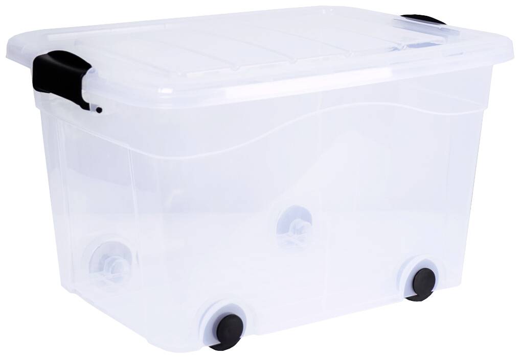 Transparente Aufbewahrungsbox aus Kunststoff mit Rädern und schwarzen Griffen an den Seiten. Ideal für beweglichen Stauraum.