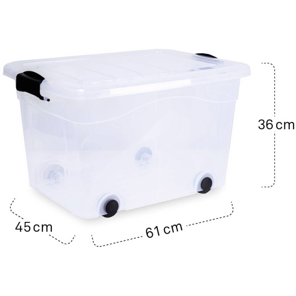Eine durchsichtige Plastikbox mit Rollen, abgebildet mit Maßen: 45 cm Breite, 61 cm Länge, 36 cm Höhe. Ideal zur Aufbewahrung.
