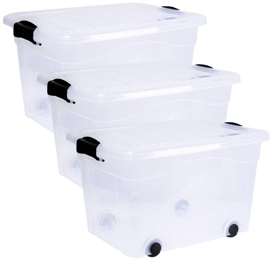 Drei stapelbare, transparente Kunststoff-Aufbewahrungsboxen mit schwarzen Griffen und Rollen, ideal für organisiertes Verstauen.