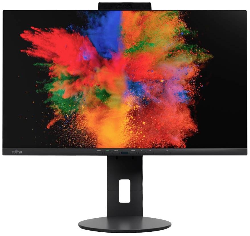 Ein Monitor mit schwarzem Rahmen zeigt eine lebendige Farbexplosion in Rot, Blau, Grün und Orange auf einem schwarzen Hintergrund.