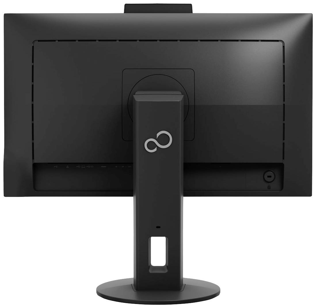 Ein schwarzer Computermonitor von hinten, schlichte Gestaltung.