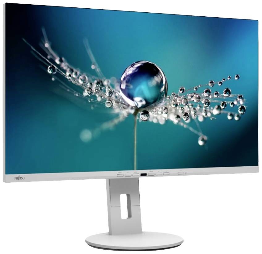 Ein Monitor mit einem minimalen Rahmen zeigt ein Hintergrundbild mit einem Wassertropfen auf einer Feder vor einem blauen Hintergrund.