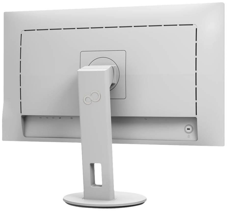 Grauer Computerbildschirm von hinten mit schlichtem Design und einem stabilen Standfuß. Keine sichtbaren Marken- oder Modellkennzeichnungen.