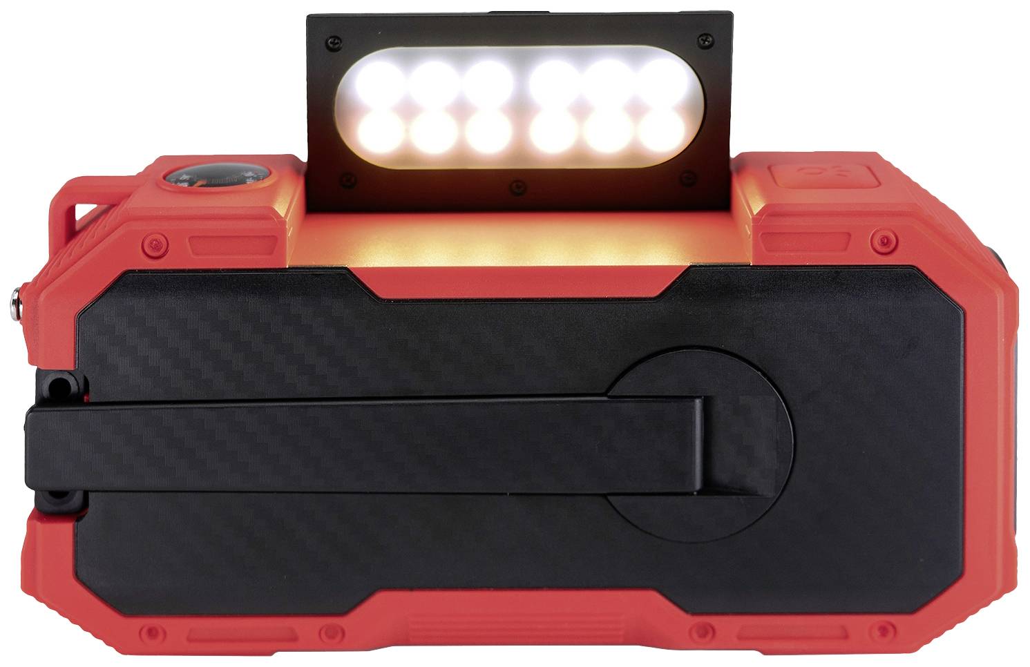 Rote tragbare LED-Leuchte mit schwarzem Griff und hellem Lichtstreifen auf der Oberseite.