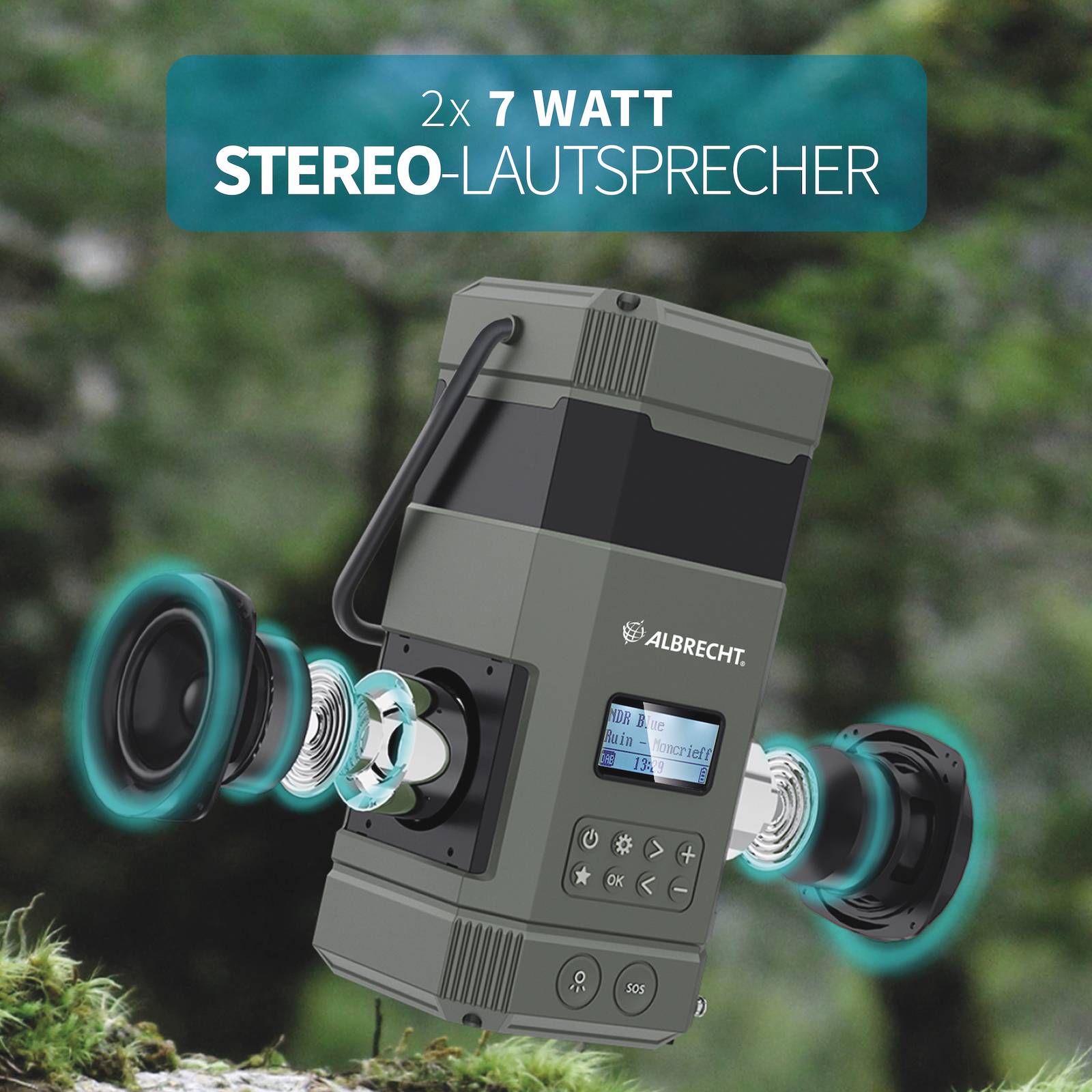 '2x 7 Watt Stereo-Lautsprecher' steht oben. Darunter ein tragbares, graues Gerät mit Lautsprechern und einer Anzeige. Markiert mit 'Albrecht'.