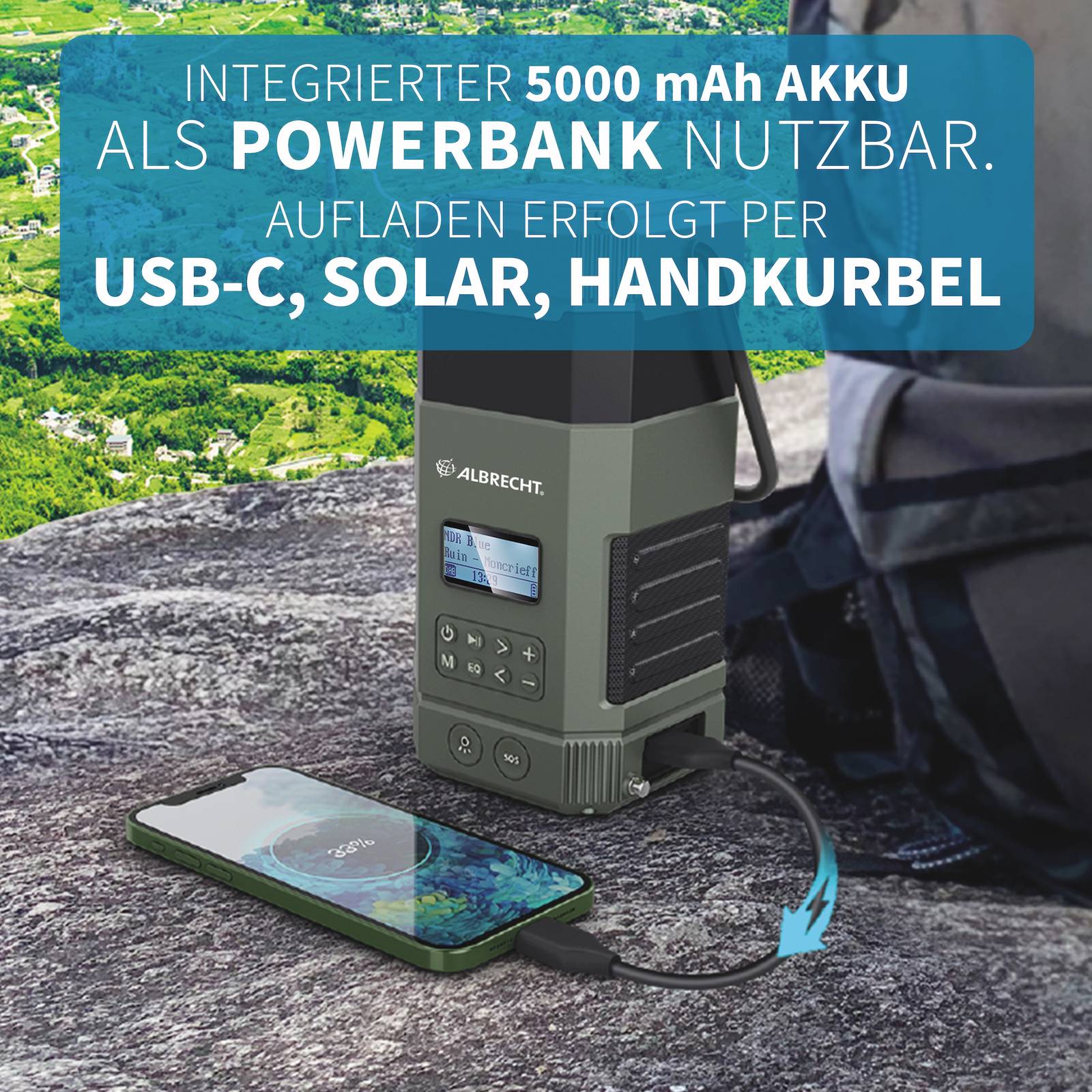 Radio mit eingebautem 5000 mAh Akku wird als Powerbank genutzt. Aufladen per USB-C, Solar oder Handkurbel. Im Freien verwendet.