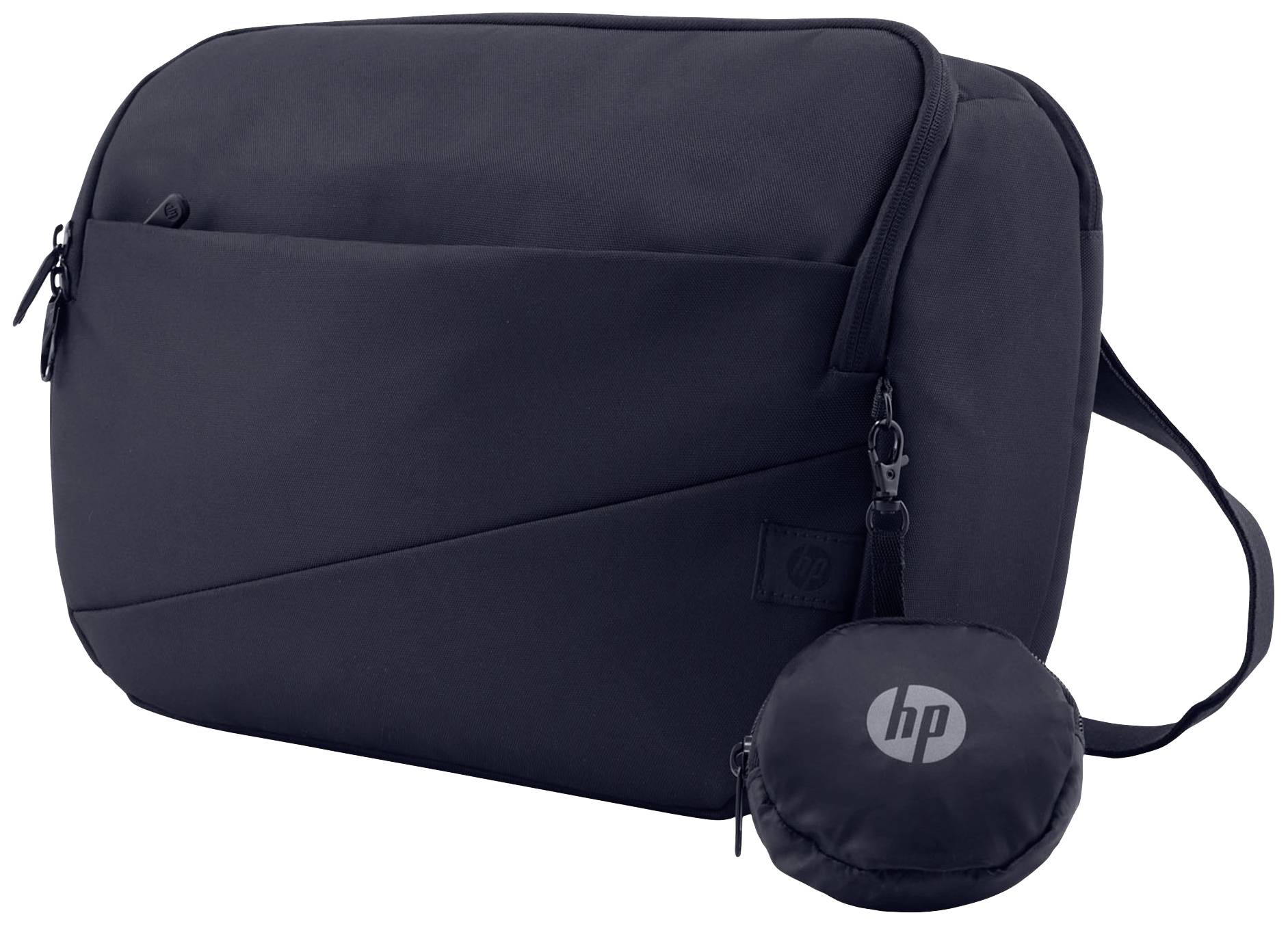 Eine schwarze HP-Umhängetasche mit Reißverschluss und einem kleinen runden Beutel, ebenfalls mit HP-Logo.
