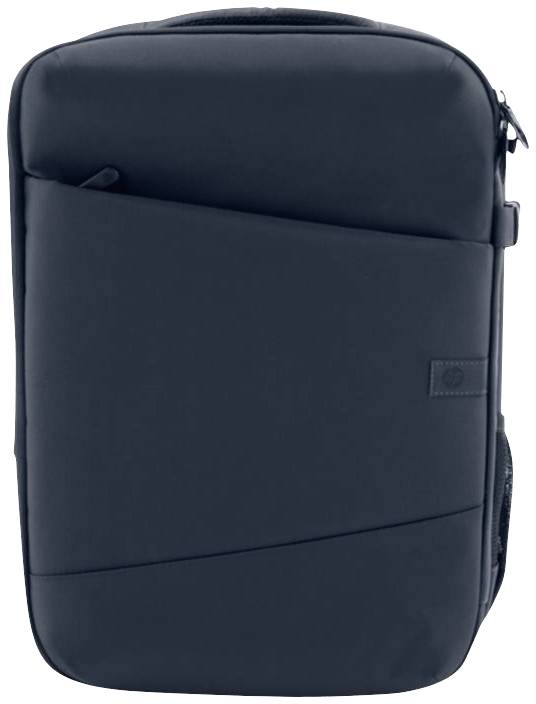 Ein schwarzer Rucksack mit modernem, minimalistischem Design und einem seitlichen Reißverschlussfach.