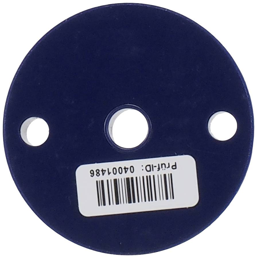 Runde, flache, blaue Scheibe mit drei Löchern und einem Aufkleber mit Barcode und der Aufschrift 'Part-ID: 04001486'.
