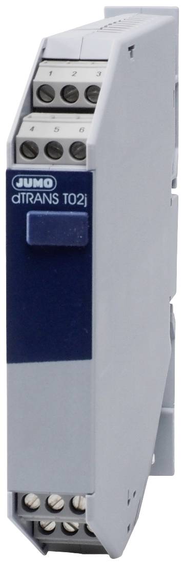 Ein graues elektronisches Modul mit der Aufschrift 'JUMO dTRANS T02j' auf einem blauen Etikett, zeigt Anschlusspunkte oben und unten.