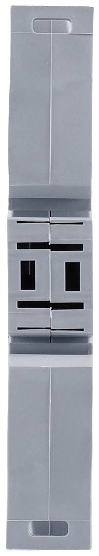 Ein graues elektrisches Bauteil mit zwei schwarzen Schaltflächen in der Mitte, verwendet für die Installation oder Steuerung in einem Schaltsystem.