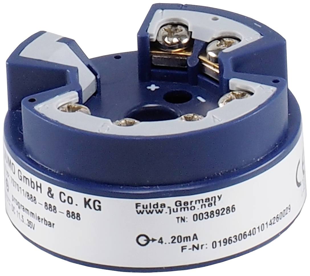 Ein blauer industrieller Temperatursensor der Firma JUMO mit weißen Beschriftungen und Anschlussklemmen, Modellnummer 00389286.