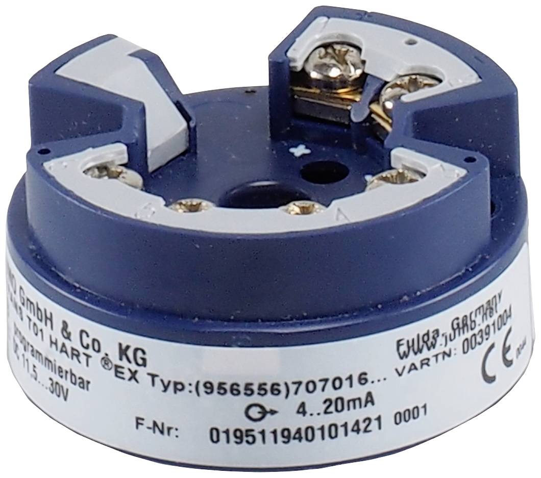 Ein runder elektrischer Sensor mit blauer und silberner Beschriftung zeigt technische Spezifikationen und Anschlüsse.