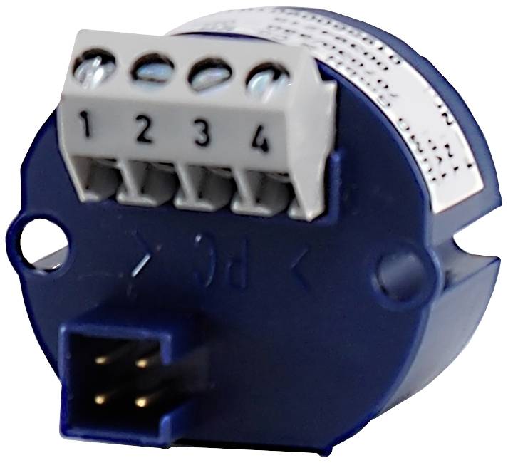 Ein rundes elektrisches Bauteil mit vier nummerierten Anschlüssen (1-4) und einem blauen Gehäuse. Vorne sind Verbindungsstifte sichtbar.